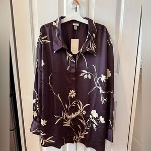 Women's Long Sleeve Satin Top - A New Day™ Brown Floral 2X